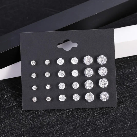 New 12 Pair/Pack White Shiny Wedding Stud Earrings Set For Women