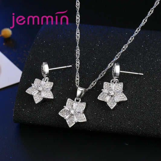 Elegant Genuine 925 Sterling Silver Crystal Flower Jewelry