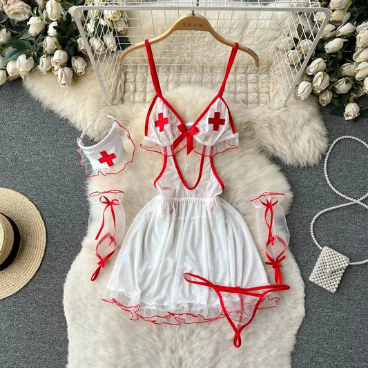 Sexy Cosplay Nurse Uniform Erotic Lingerie Babydoll Dress.